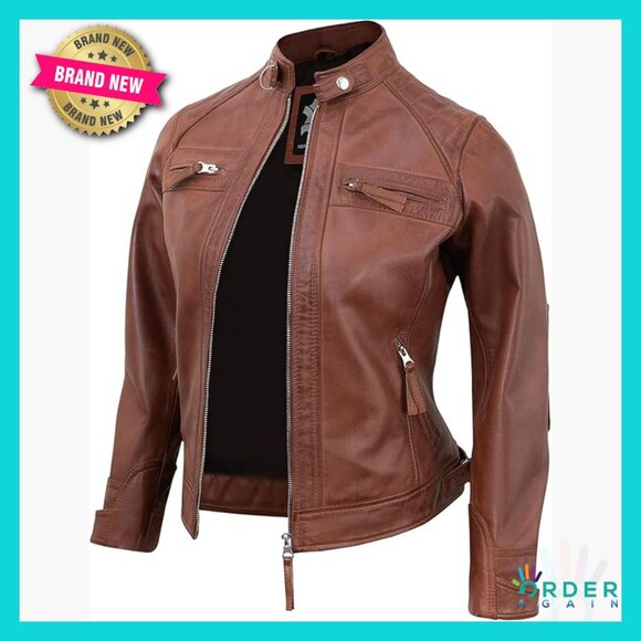 Quilted Lambskin Leather Jacket Cafe Racer Biker Style Chic Outerwear